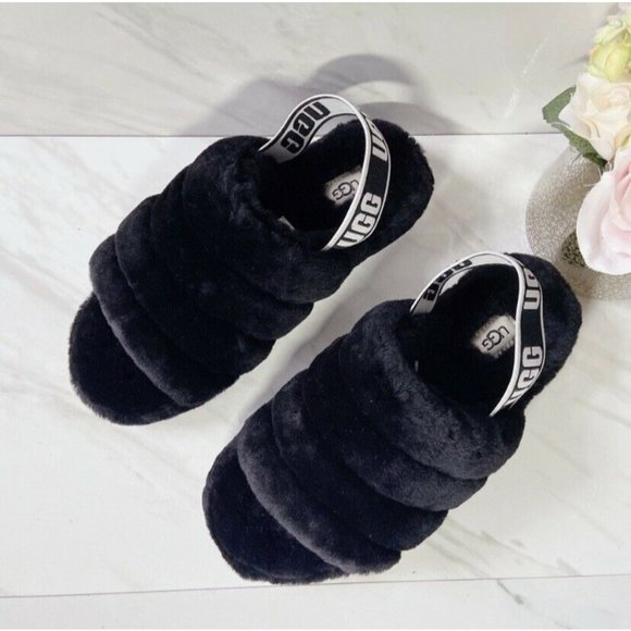 UGG Fluff Yeah Genuine Shearling Platform Slingback Sandal Slide Black US 6 - Picture 2 of 10